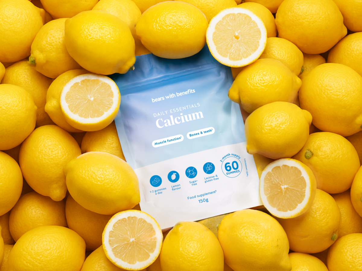 Calcium pouch arranged among lemons.