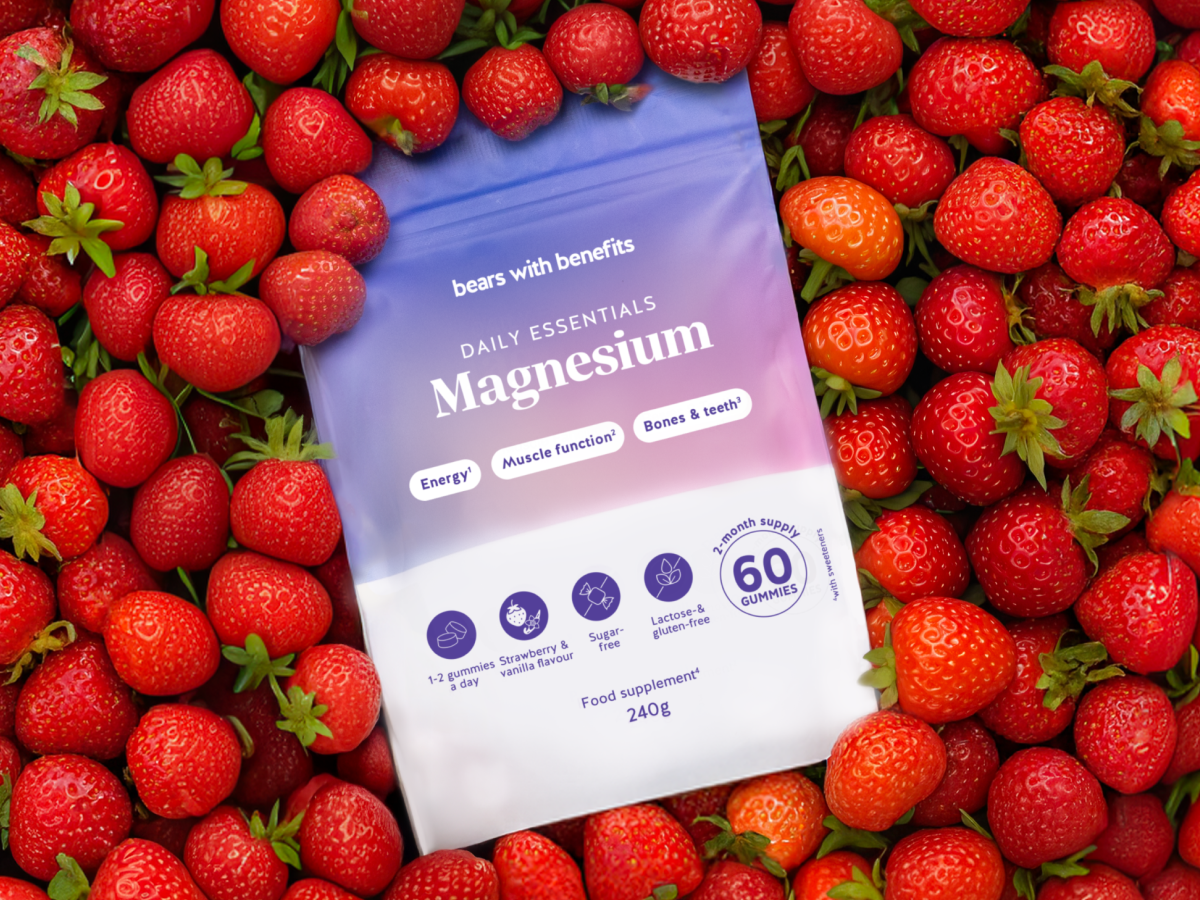 Magnesium pouch arranged among strawberries.