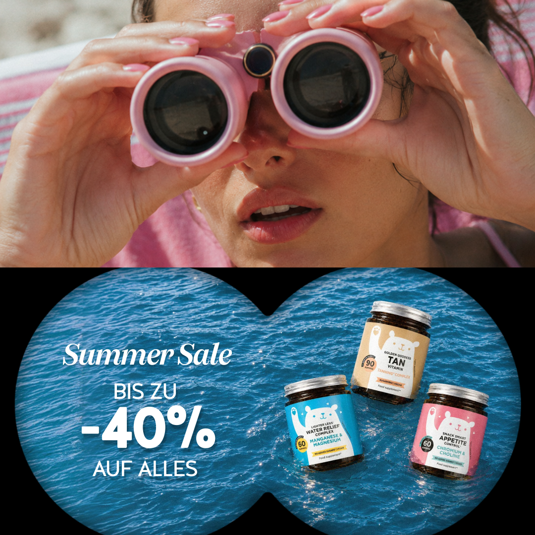 Bears Summer Sale ad showing a person looking through pink binoculars at three supplement jars in the water.
